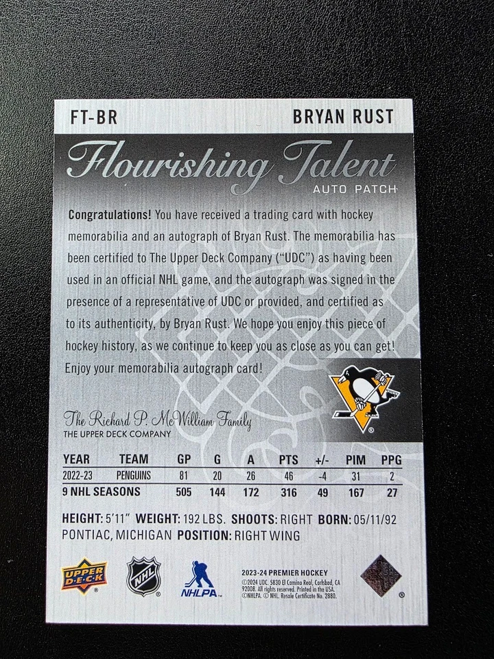 2023-24 Upper Deck Premier Flourishing Talent Bryan Rust Patch Autograph 47/99 - Image 2 of 2