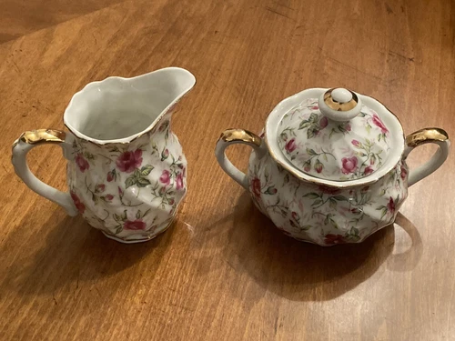 Lefton Pink Rose Chintz Sugar Creamer Cup Set  Hand Painted 637R
