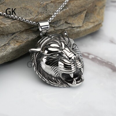 GK Punk Biker Gothic Stainless Steel Tiger Head Pendant Necklace