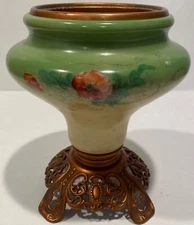 ANTIQUE GREEN HAND PAINTED GLASS KEROSENE OIL LAMP BELL SHAPE BASE BRASS METAL