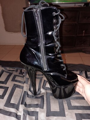 Pleaser Exotic Dancer Pole Patent Black Lace Up Platform Boots Flamingo Sz 8