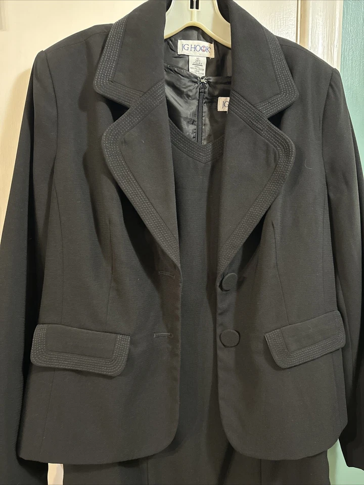 复古 JG 钩套装 2 件套黑色女式衬里夹克和紧身 10 码 — 第 2/4 张图片