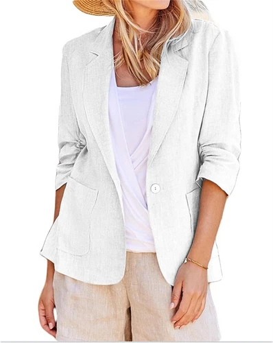 Mujeres Blazer de Algodón Manga 3/4 Acanalado Forrado Traje Informal Elegante Chaqueta de Trabajo Asiática - Imagen 3 de 33