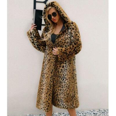 Winter Womens Leopard Print Faux Coat Long Hooded Warm Loose