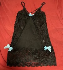 VINTAGE SATIN / LACE LINGERIE / GOWN  BLACK / LIGHT BLUE BOWS  MEDIUM