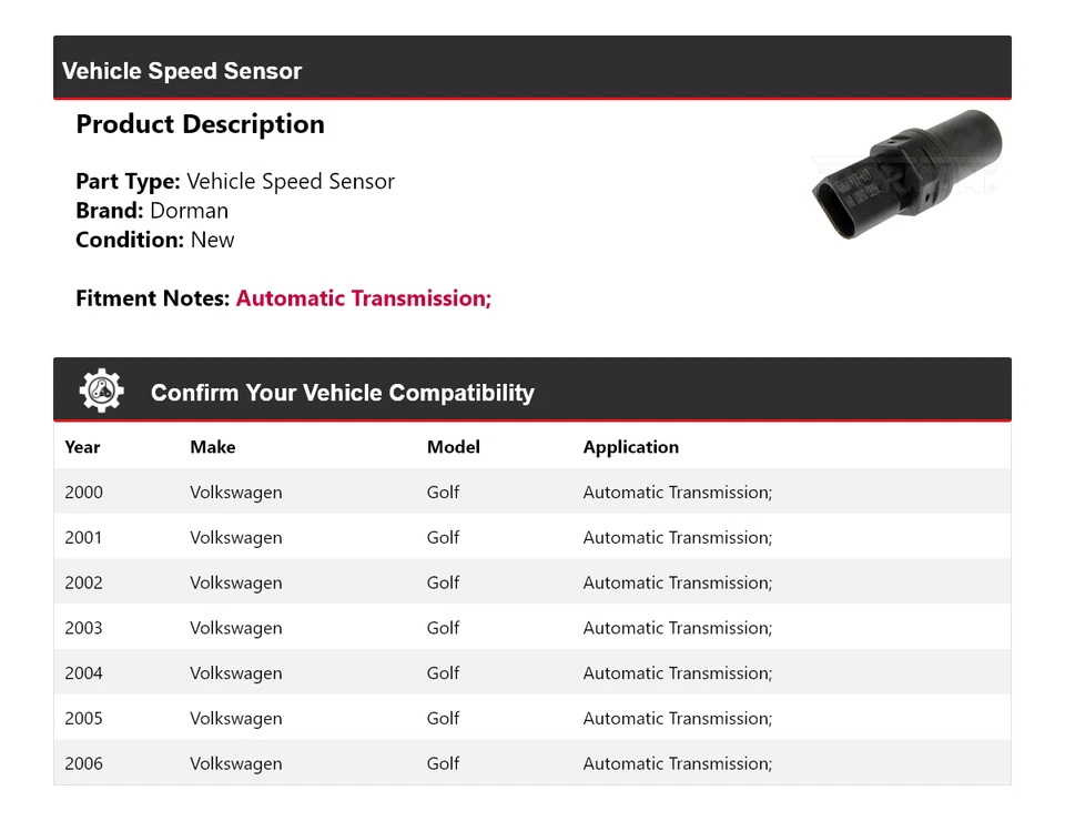 Датчик скорости автомобиля для Volkswagen Golf Dorman 2000-2006 годов выпуска 2001 2002 2003 2004 годов выпуска - Изображение 2 из 4