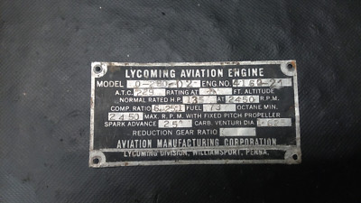 AVCO LYCOMING MODEL 0-290-D2 AIRPLANE/AIRCRAFT ENGINE/MOTOR DATA TAG ONLY