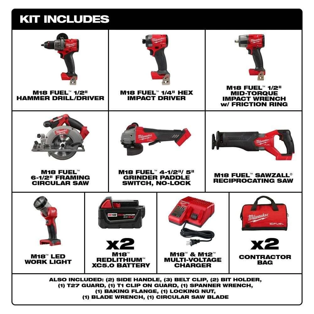 Milwaukee 3697-27 M18 FUEL 18V 7 Tool Cordless Lithium-Ion Combo 
