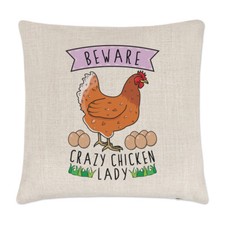 Beware Crazy Chicken Lady Linen Cushion Cover Pillow - Funny Animal Pet