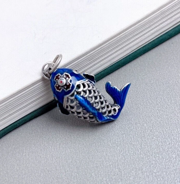 Vintage Plated Cloisonne Finish Necklace Pendant with Chain Lucky Jewelry - Image 4 of 4