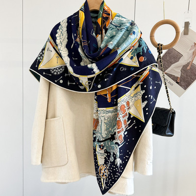 70% Cashmere 30% Silk Wrap Scarf Yellow ship Print Double Face Print Shawl 53''