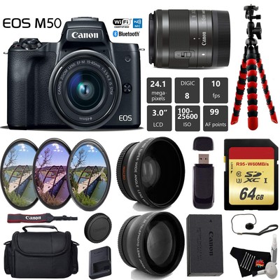 Canon EOS M50 Mirrorless Digital Camera with 15-45mm Lens + UV FLD CPL Filter