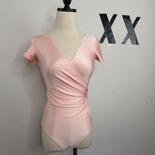 Vintage 80s Gilda Marx Flexatard Pink Shimmer Faux Wrap Cap Sleeve Leotard USA S