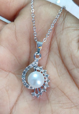 White Pearl CZ Stone Pendant Necklace Silver Plated with Chain for Valentine Day
