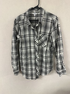 Time & Tru Women's Plaid Long Sleeve Button Up Shirt Top L Large White Black