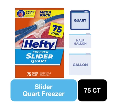 BRANDED Hefty Slider Freezer Storage Bags, Quart Size, 75 Count