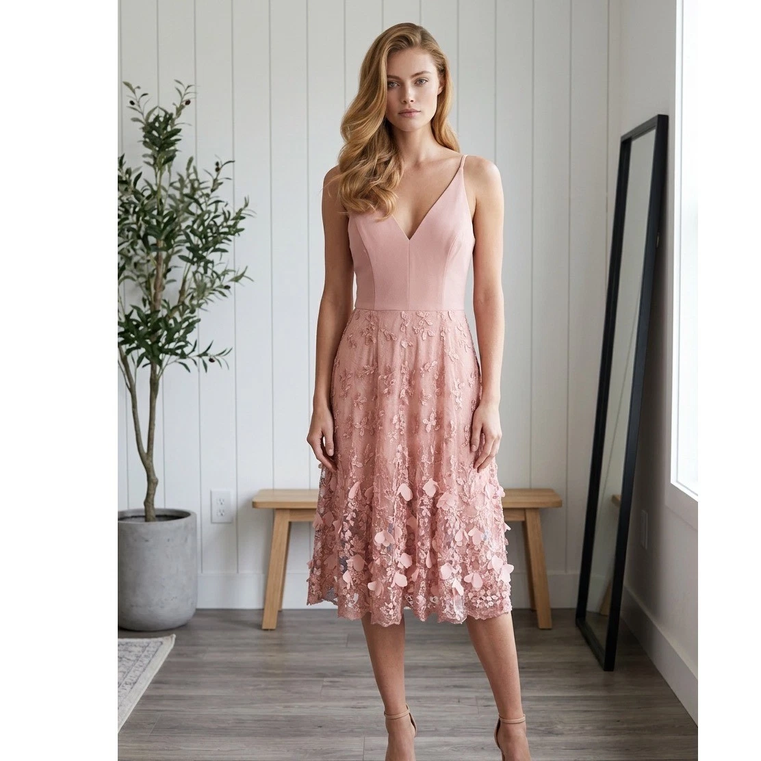 dress the population aurora lace tea length dress DRESS THE POPULATION AURORA FLORAL MIDI EGGSHELL/WHITE DRESS sz L