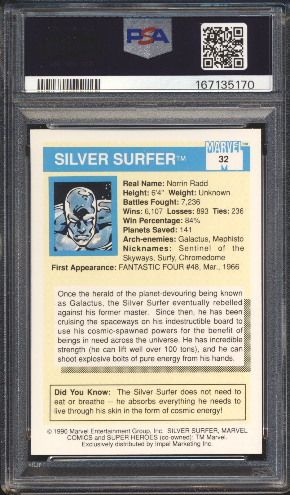 1990 Marvel Universe SUPER HEROES Silver Surfer #32 PSA 10 GEM MINT view 2