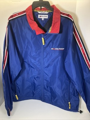 Vtg 90s Tommy Hilfiger Windbreaker  SIZE XL Block Logo on Back Nylon Blue Jacket