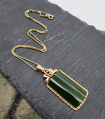 14k .585 Yellow Gold Jadeite Deep Green Pendant 15.5'' Box Chain Necklace Au 2557