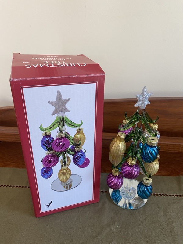 Vintage Ganz Glass Christmas Tree W/ 12 Ornaments Original Box Whimsical Mirror
