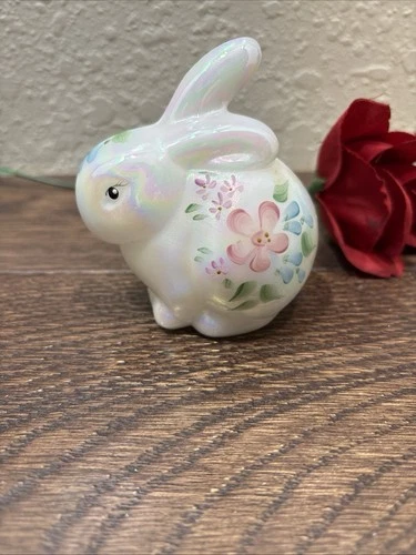 Fenton Hand Painted Art Glass Rabbit Figurine Floral Signed Decorative Glossy 3”