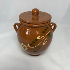 Vintage Miel Clay Pot Jug With Loose Fitting Lid Mexico 4.25” Tall Floral Design