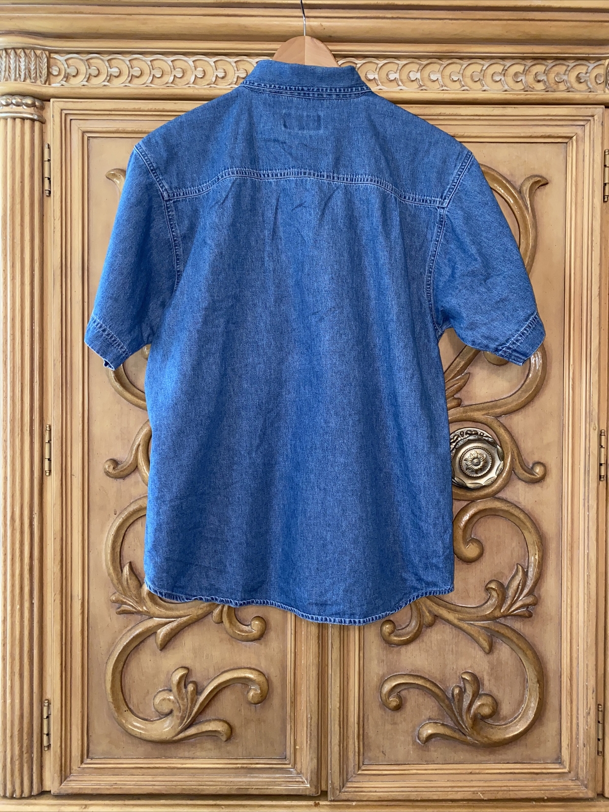 Blue Solid Short Sleeve Collared Button Down Deni… - image 7