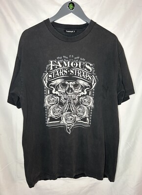 Y2K Famous Stars Straps Shirt Large Black Skull Roses Graphic