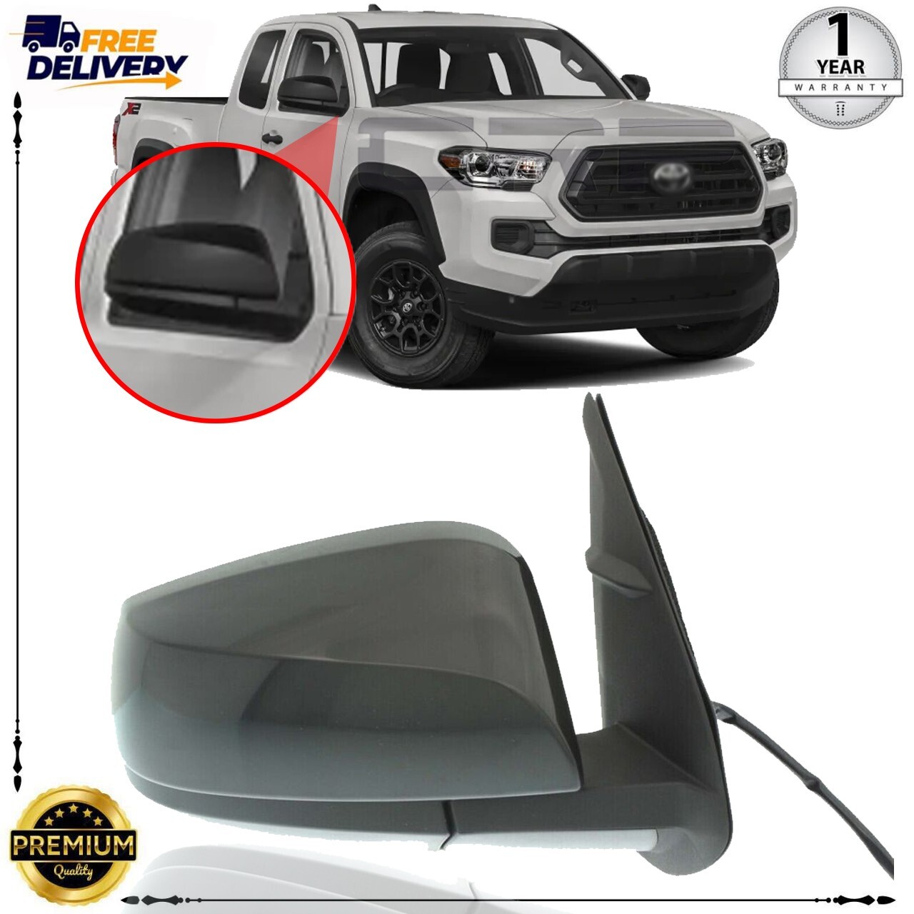 Right Side Power Mirror Manual Folding For 2016-2023 Toyota Tacoma