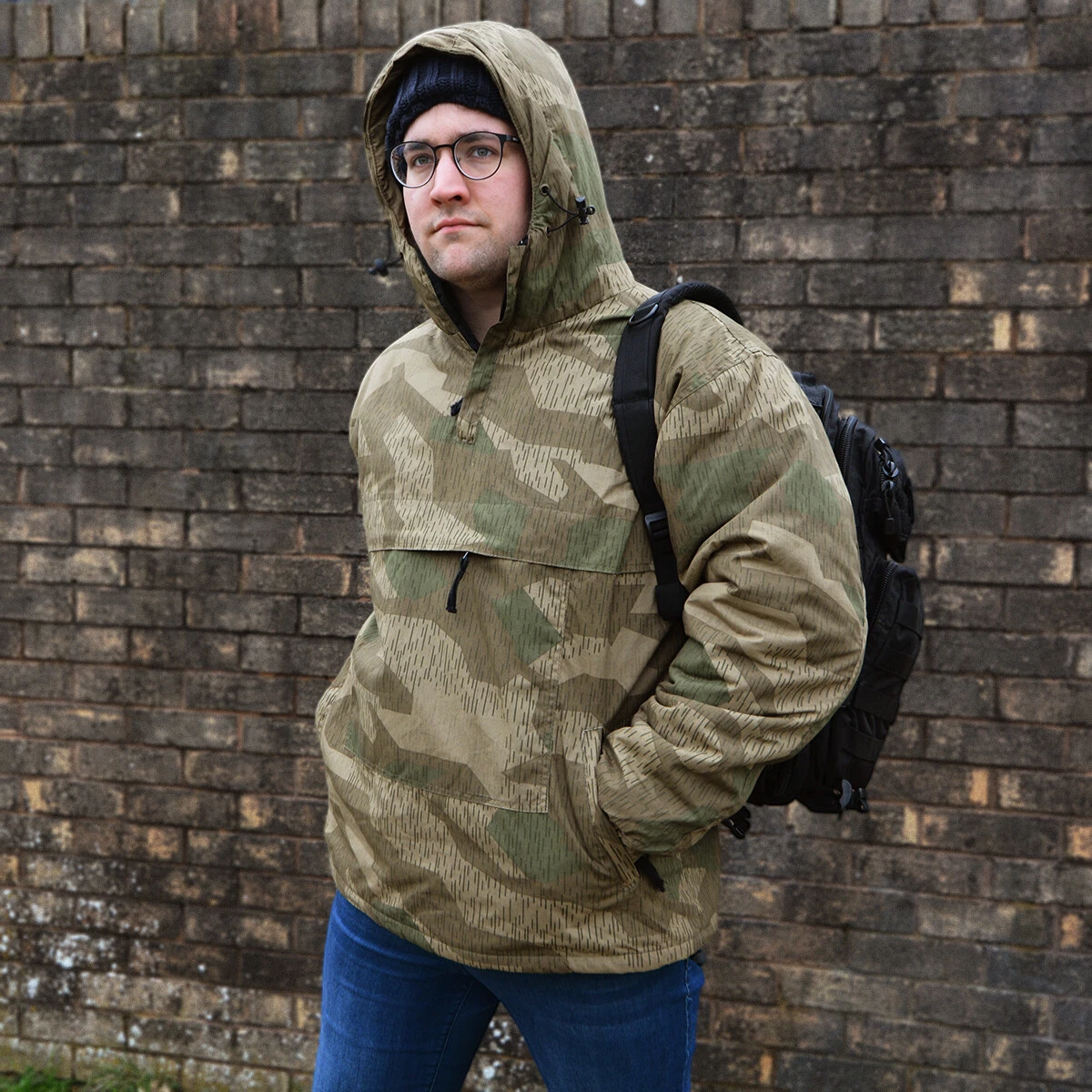 Splinter Camo Fleece Lined Anorak - Wind Resistant Pull-Over Kangaroo Pouch