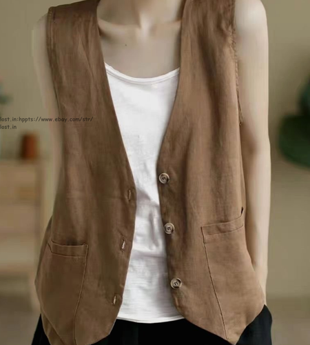 Womens Cotton Linen Vest Casual V Neck Sleeveless Blazer Jacket Thin Waistcoat - Picture 9 of 20