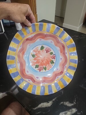 World Bazaar Lrge Centerpiece Fruit Bowl Glazed Terra Cotta Scalloped Rim Floral