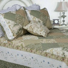NEW COZY COTTAGE CHIC PATCHWORK IVORY BROWN SAGE GREEN COUNTRY QUILT SET