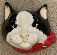 Vintage Babbacombe Pottery England Green Eyes Tuxedo Cat String Scissor Holder