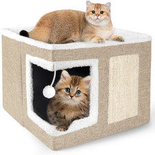Large Cat House with Scratch Pad and Fluffy Ball and Reversible Cushion 16x16x12
