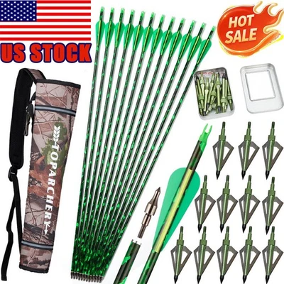TOPARCHERY 12x 30'' Carbon Arrows Compound&Recurve Bow Target 100Grain Hunting Broadheads
