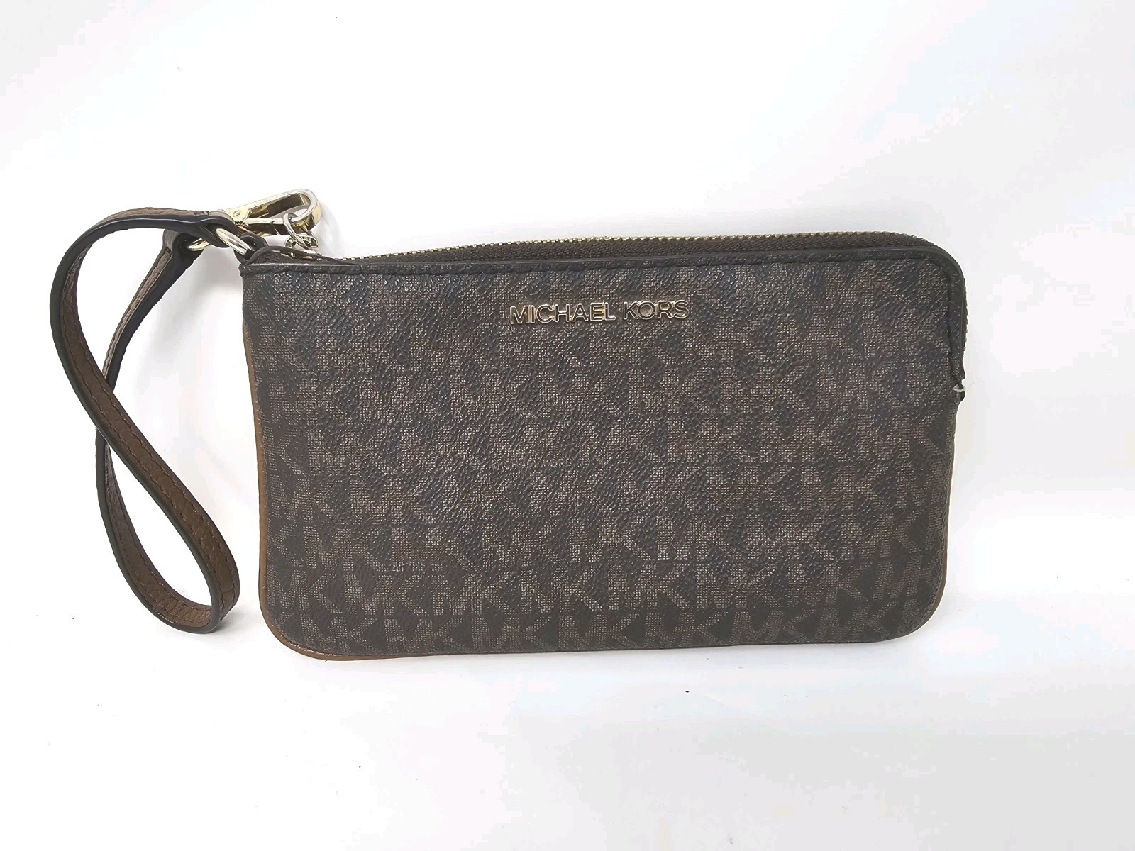 Michael Kors Brown Logo Zip Wristlet Wallet Pouch with Strap