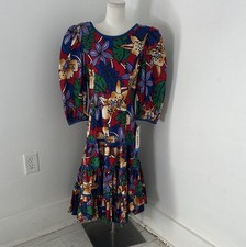 Vintage Bold Floral 80s Puff Sleeve Go Vicki Drop Waist Dress