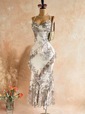 Women's White/Grey Floral Satin Cowl Neck Slip Midi Dress S Party Zip - Image 1 of 3