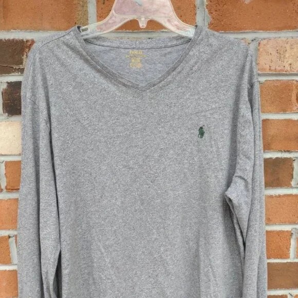 XL Polo Ralph Lauren Uomo Grigio Manica Lunga Scollo V T Shirt Verde Pony Shirt Golf