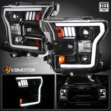 Black Fits 2015-2017 Ford F150 LED Tube Projector Headlights Left+Right 15-17