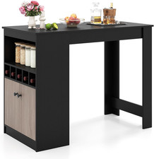 Bar Table Marble Counter Height Storage Cabinet Shelf Hooks Kitchen Breakfast