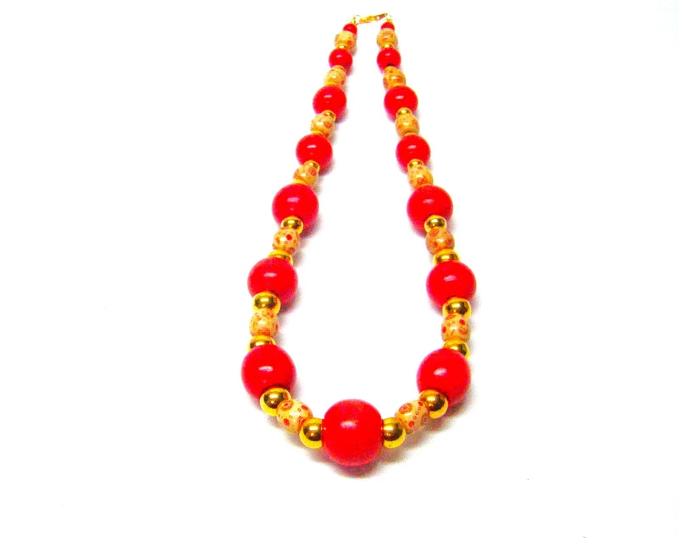 Collar/Pulsera/Pendientes Coral Rojo Redondo con Cuentas de Madera Ovalada Pintada Beige Foto 3 de 4