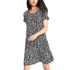 Old Navy Womens M Black White Floral Dress Stretch Short Sleeve A-line Preppy