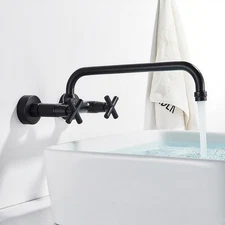Black Wall Mount Kitchen Sink Faucet 10'' Swivel Spout Dual Handle Centerset Tap