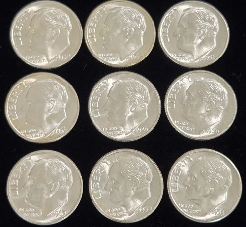 Lot of 9 Gorgeous BU Uncirculated Coins Silver Roosevelt Dimes! 1947 - 1964!