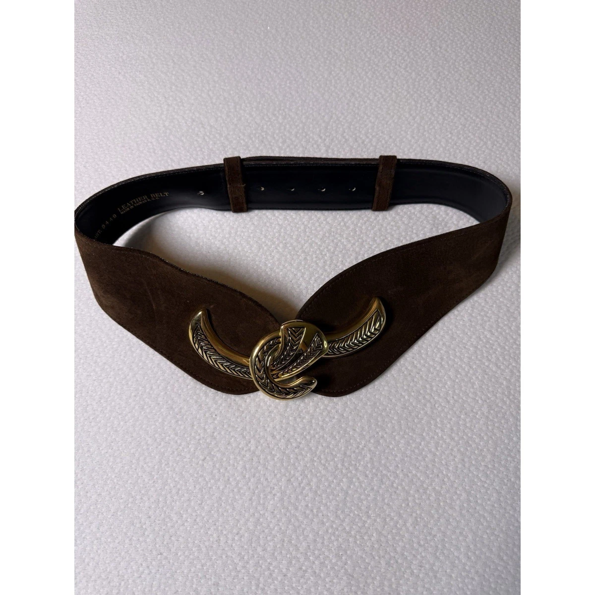 Vintage 80s Wide Brown Suede Waist Belt Gold Etched Hook Buckle Boho 30\
