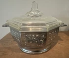 Rare Art deco Pyrex Clear Etched Octagonal Casserole In Farberware Holder 3 Pc