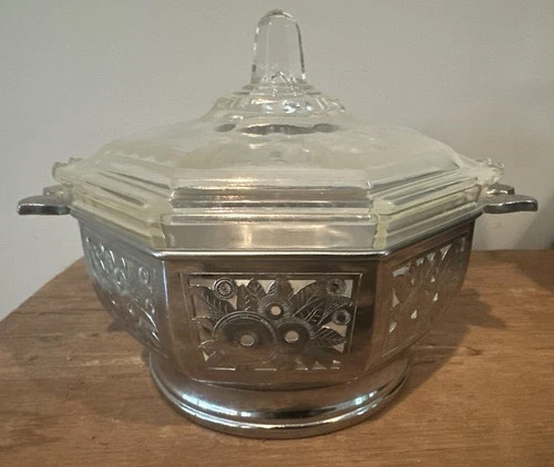 Rare Art deco Pyrex Clear Etched Octagonal Casserole In Farberware Holder 3 Pc